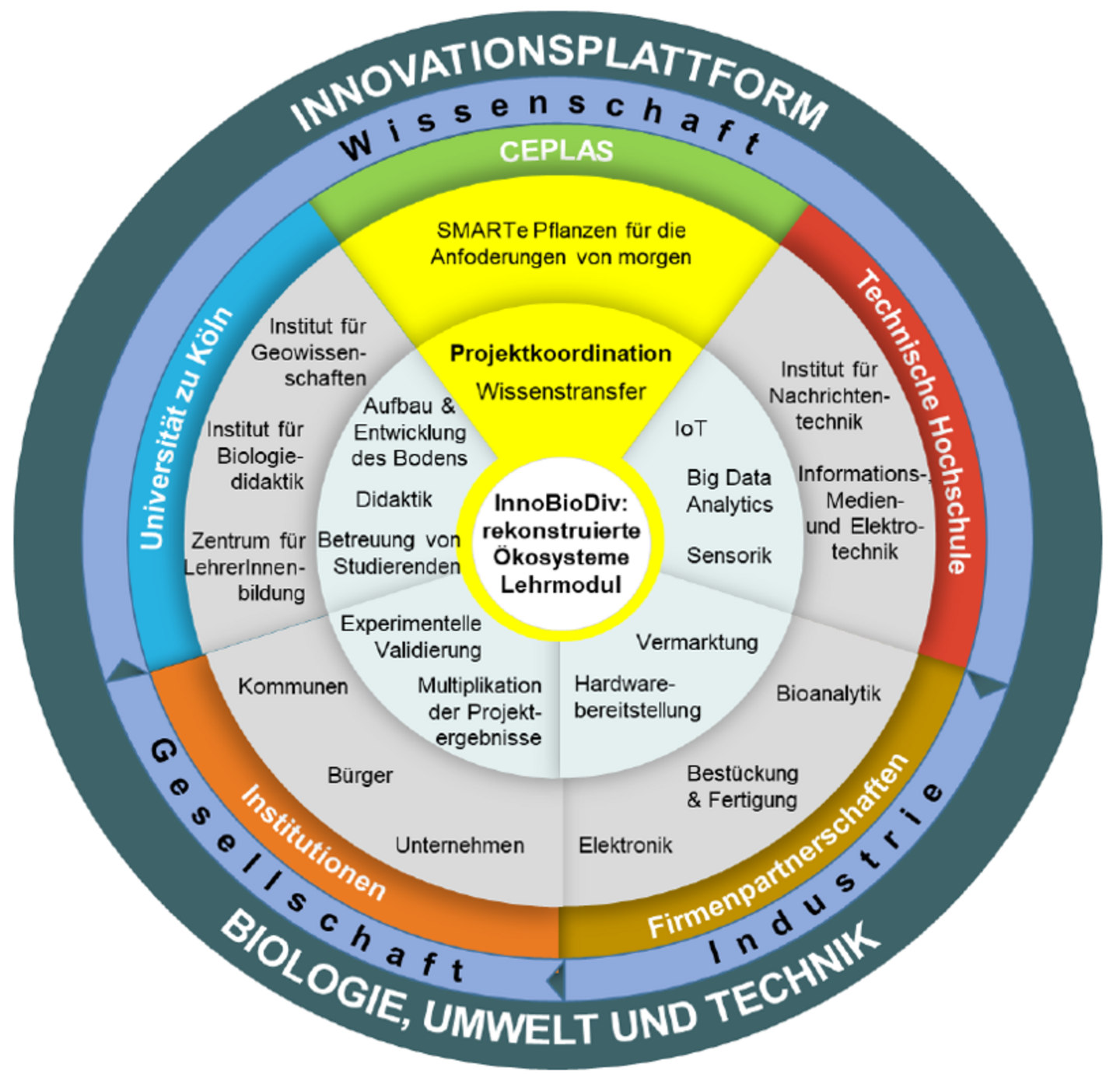 Schema der Struktur der Innovationsplattform die das Zusammenspiel der Bereiche der Wissenschaft, Gesellschaft und Industrie im Rahmen diese Projekts zeigt, sowie einzelne Aufgabenbereiche der Projektpartner.
